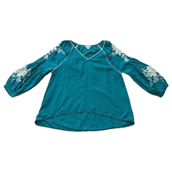 Sundance Teal Embroidered Naomi Isles Top Women’s PM Boho Balloon Sleeve - Picture 1 of 10